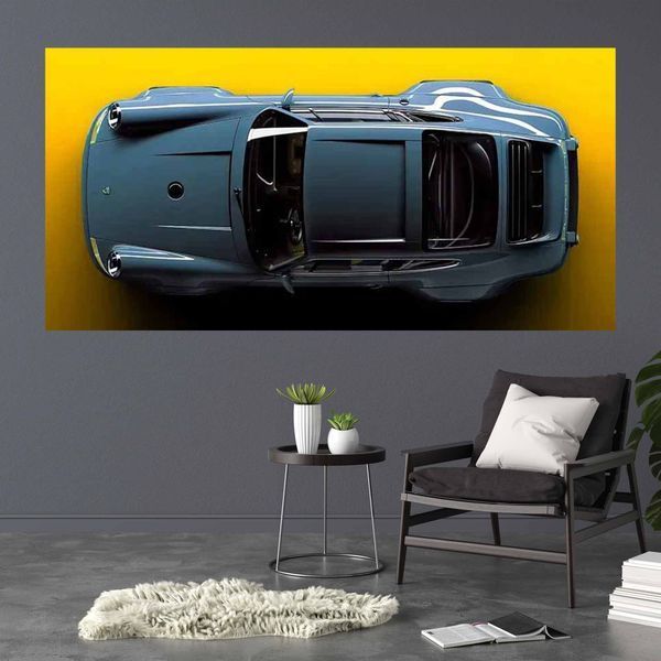 Картина на полотні на стіну інтер'єрна автомобіль Porsche 911 блакитний Порше на жовтому тлі 1104 фото