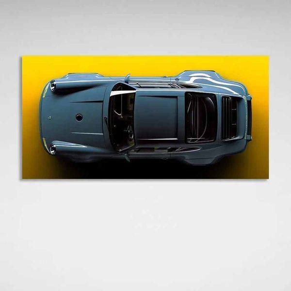 Картина на полотні на стіну інтер'єрна автомобіль Porsche 911 блакитний Порше на жовтому тлі 1104 фото