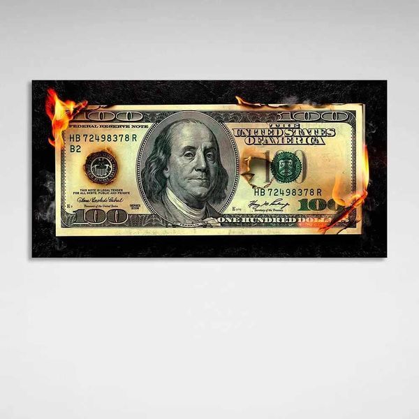 Картина на полотні на стіну в офіс для мотивації Палаючі гроші 100 доларів 1156 фото