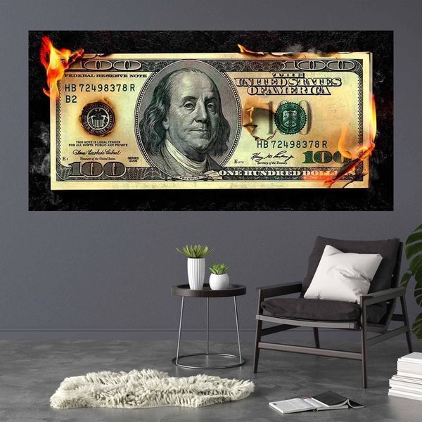 Картина на полотні на стіну в офіс для мотивації Палаючі гроші 100 доларів 1156 фото