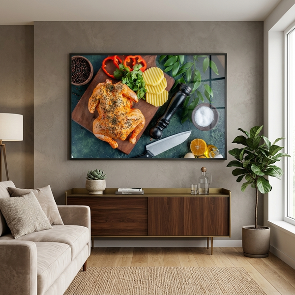 Картина на полотні на стіну для кухні Курка-гриль з овочами на дошці горизонтальна 3599 фото