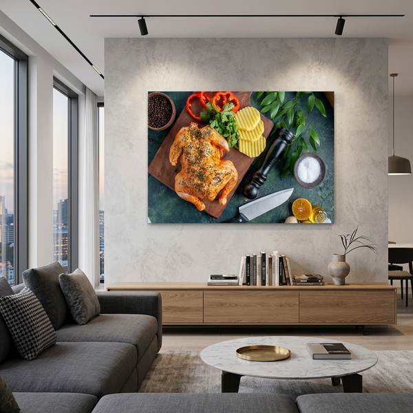 Картина на полотні на стіну для кухні Курка-гриль з овочами на дошці горизонтальна 3599 фото